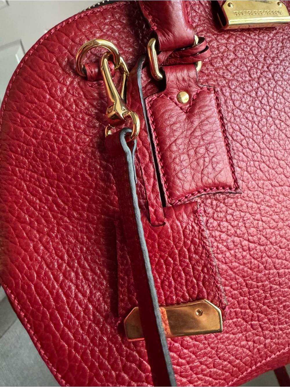 Burberry Red Textured Leather Dome Satchel with Gold Hardware - Picture 4 of 7